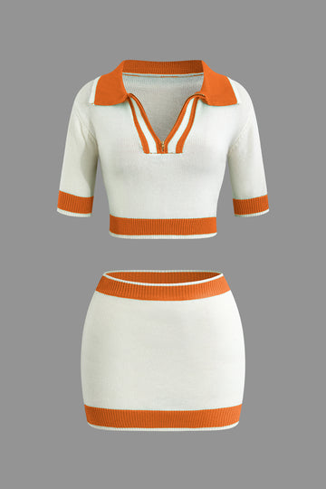 Contrast Collar Crop Knit Top And Mini Skirt Set