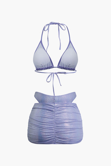 Glitter Halter Tie Bikini And Ruched Skirt 3pc Swimsuit Set
