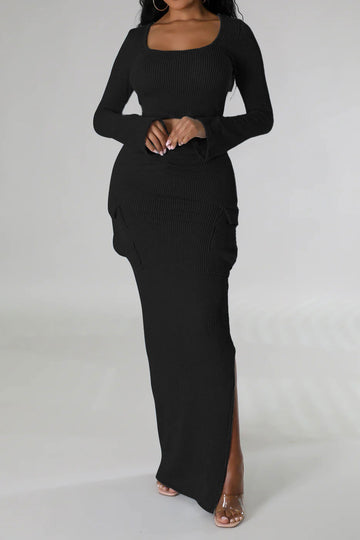 Solid Square Neck Long Sleeve Crop Top And Ruched Split Flap Pocket Maxi Skirt Set