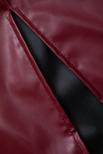 Faux Leather Off Shoulder Slit Ruched Midi Dress