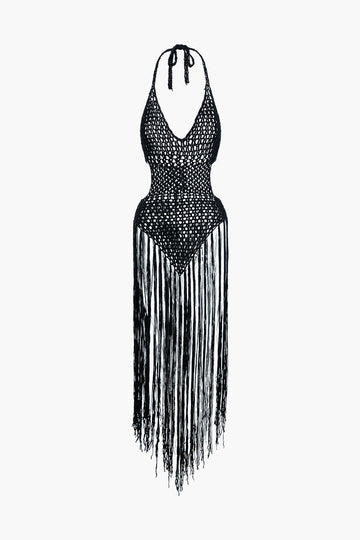 Fringe Tie Halter Hollow Out Backless Cover Up