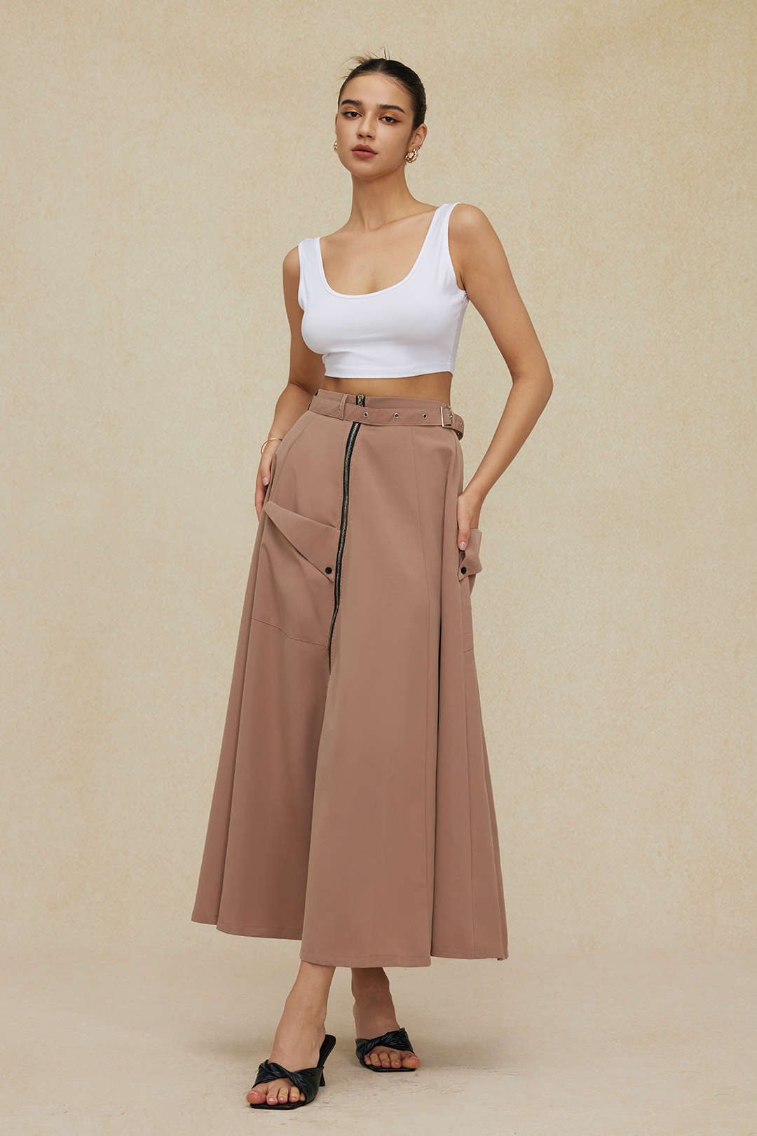 Solid Crop Tank Top And Zipper Pocket Pleated Skirt Set