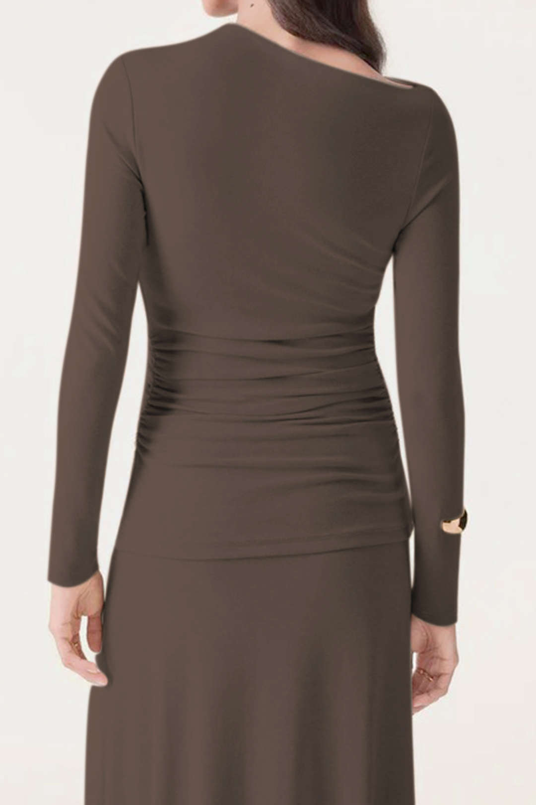 Asymmetrical Neck Long-Sleeve Top And Stitching Detail Skirt Set