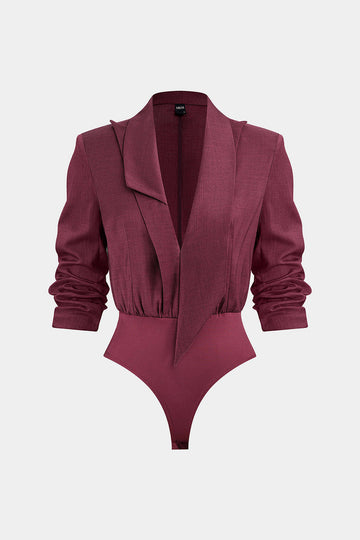 Notched Lapel Asymmetrical Long Sleeve Bodysuit