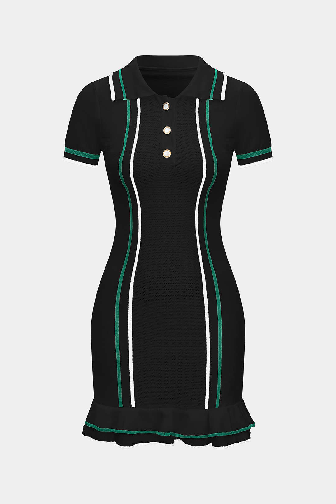 Knit Contrast Button Ruffle Short Sleeve Dress