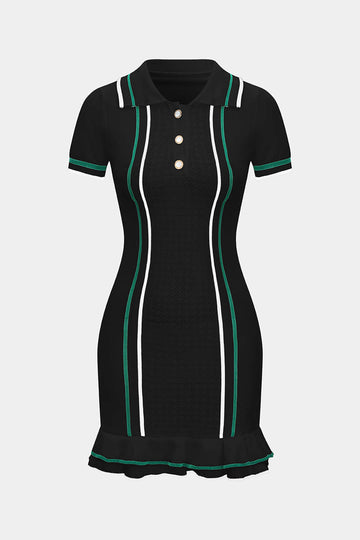 Knit Contrast Button Ruffle Short Sleeve Dress