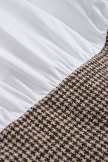 Houndstooth Print Patchwork Pleated High Waist Long-Sleeve Mini Dress