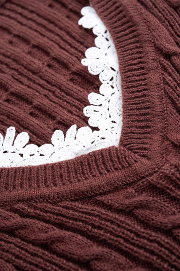 Cable Knit Lace Patchwork V-Neck Long Sleeve Top