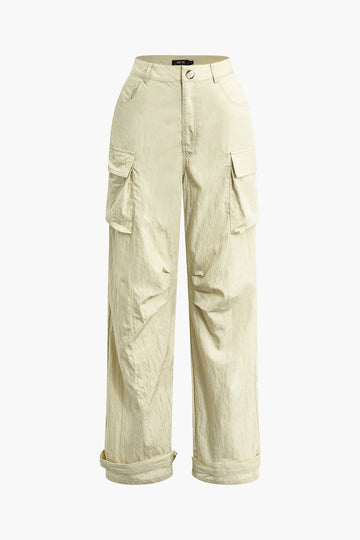 Flap Pocket Belted Ruched Straight Leg Pants