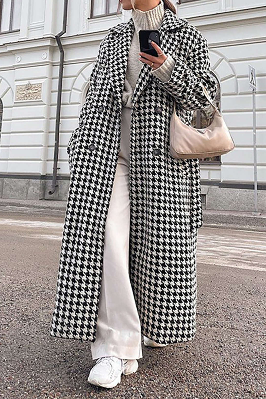 Houndstooth Notched Lapel Belted Long Coat