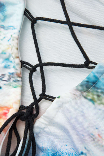 Abstract Print V-neck Tie Front Ruffle Mini Dress