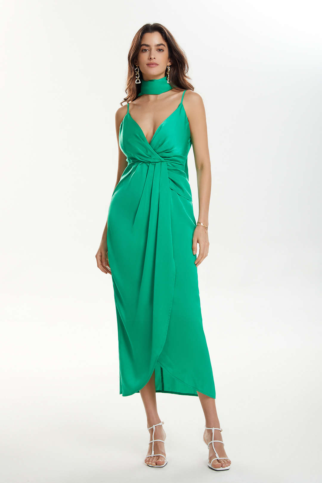 V-neck Satin Pleated Dress With Neck Scarf