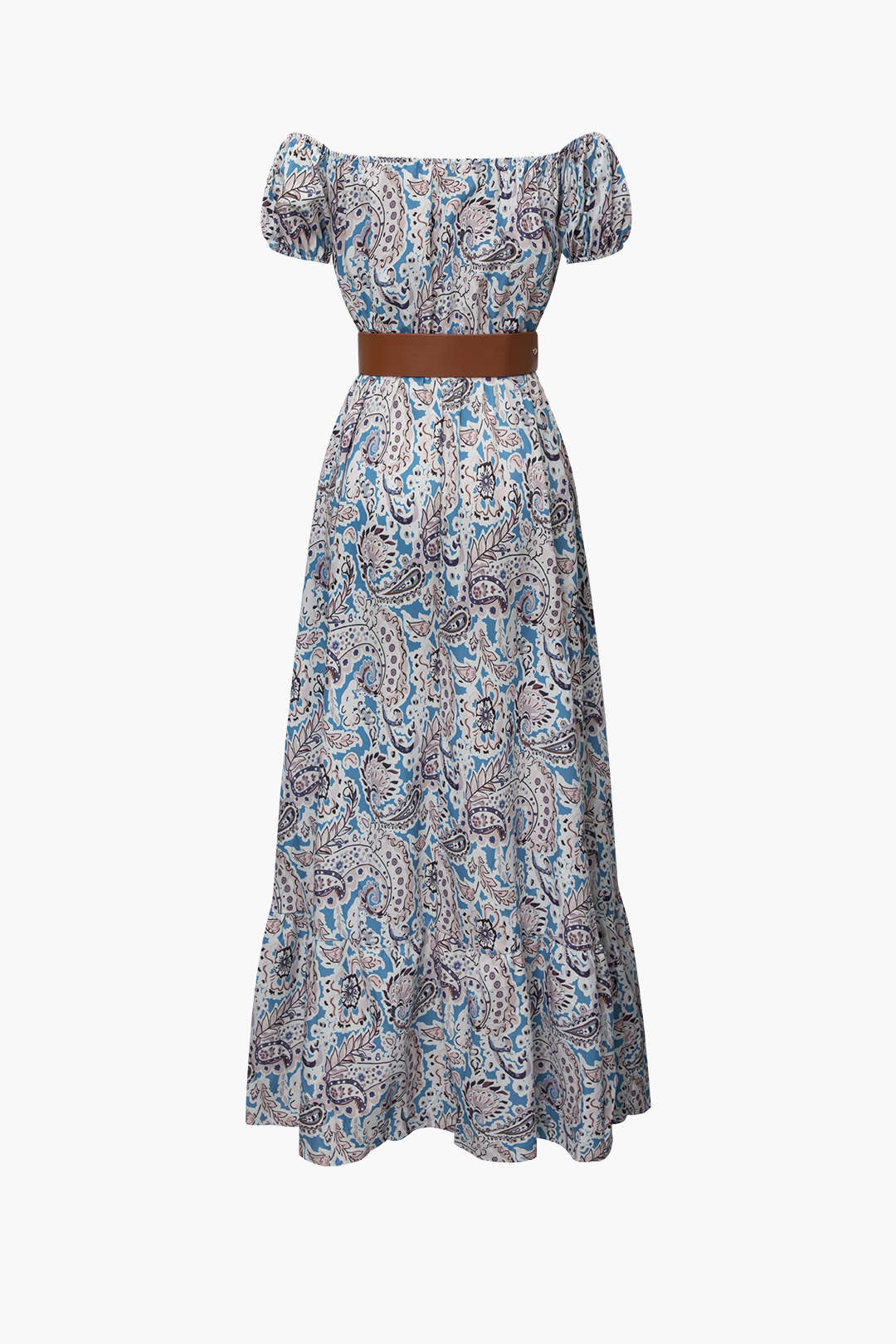 Paisley Print Off-Shoulder Belted Maxi Dress