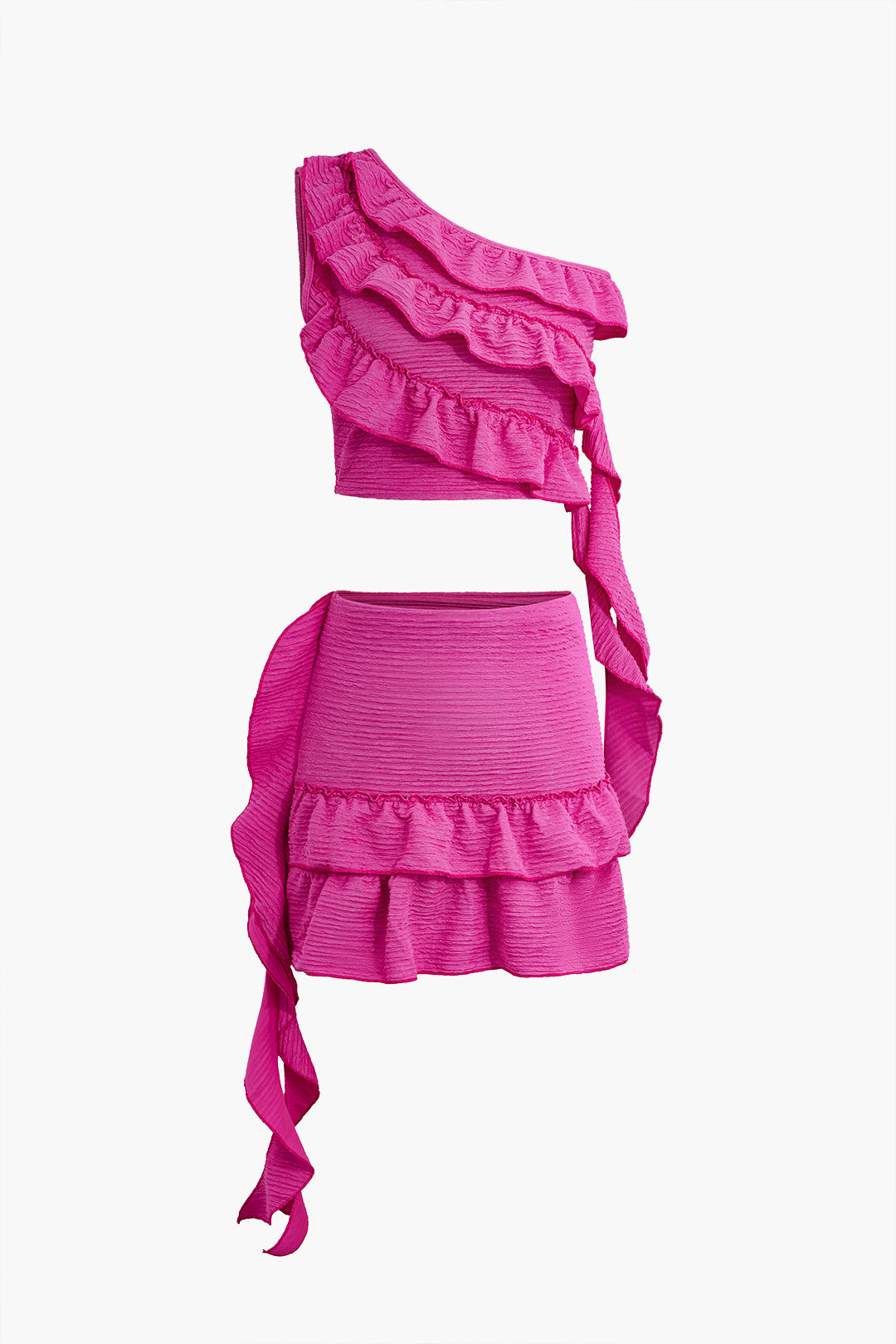 Ruffled Layer One Shoulder Asymmetric Neckline Mini Skirt Set