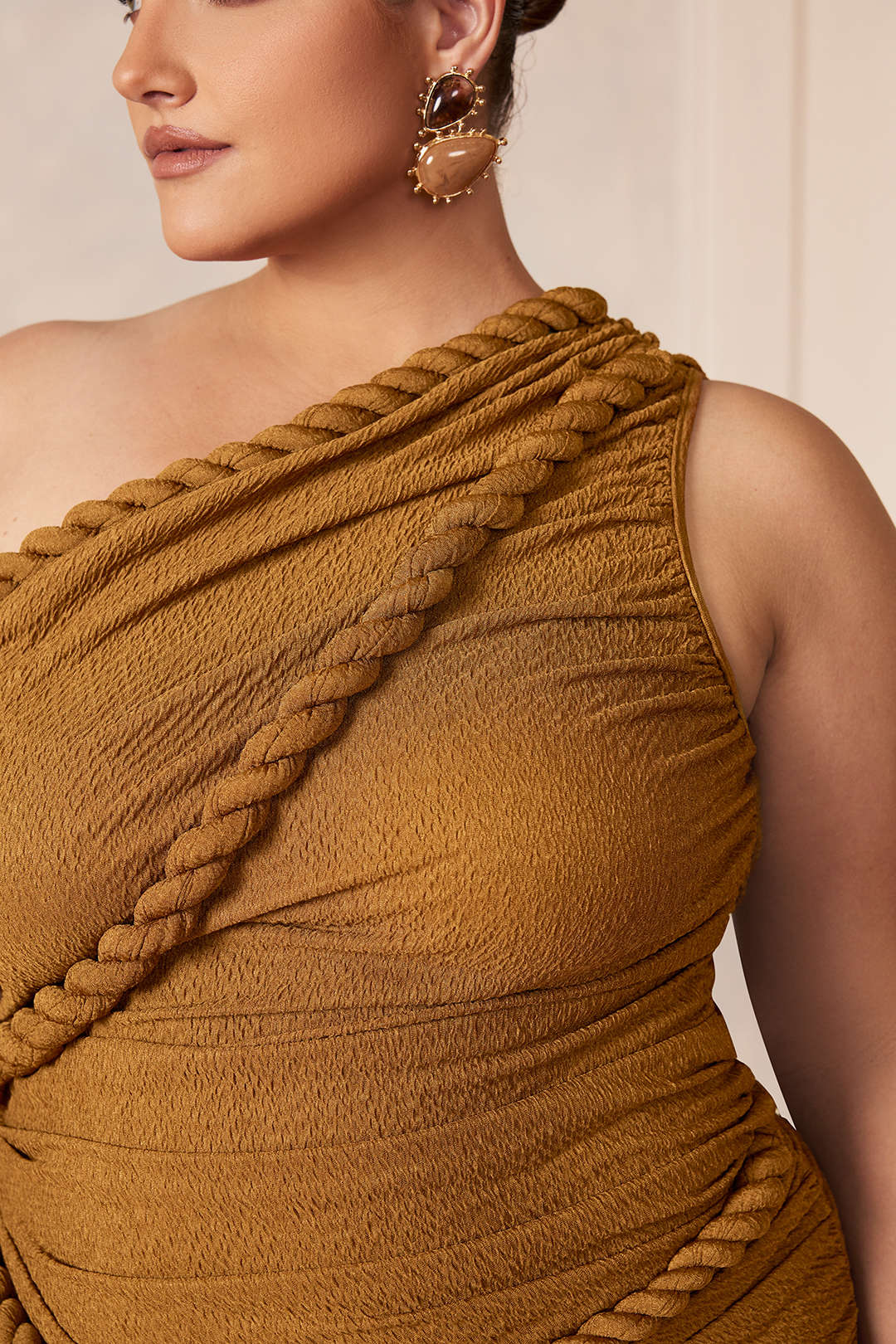 Plus Size Ruched One Shoulder Twist Knot Sleeveless Mini Dress