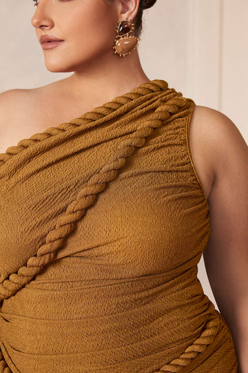 Plus Size Ruched One Shoulder Twist Knot Sleeveless Mini Dress