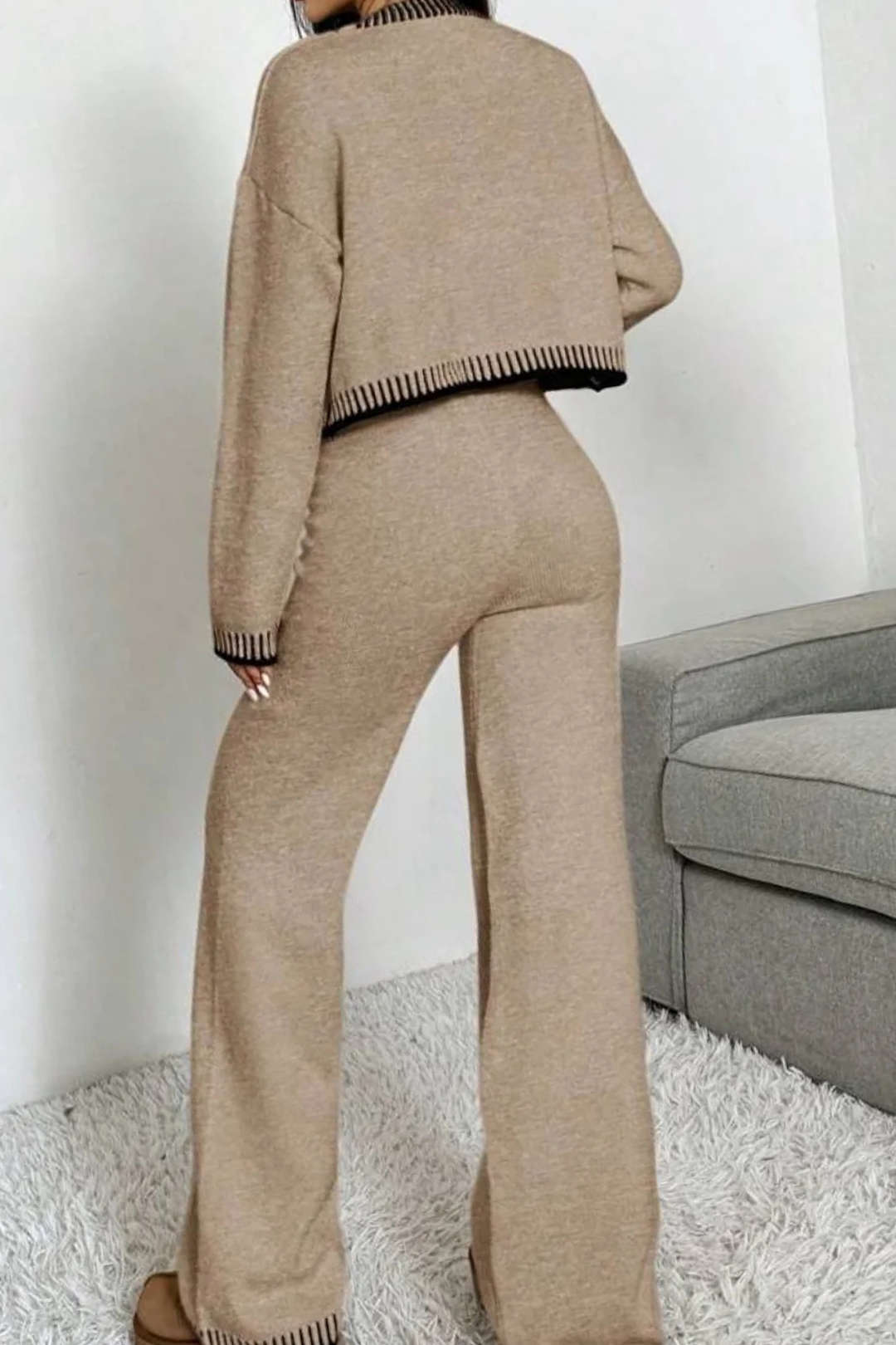 Knit Contrast Binding Button Cardigan And Straight Leg Pants Set