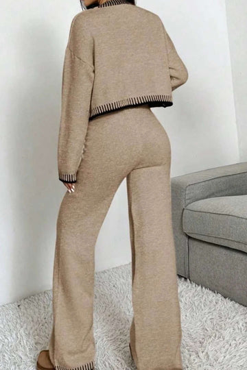Knit Contrast Binding Button Cardigan And Straight Leg Pants Set