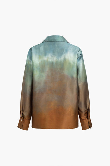 Tie Dye Print Satin Knopf Langarm Shirt