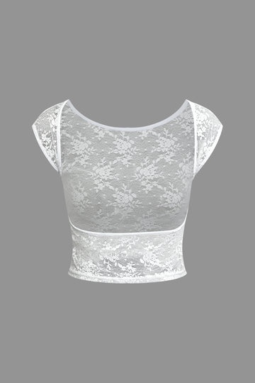 Sheer Lace Round Neck Backless Crop T-shirt