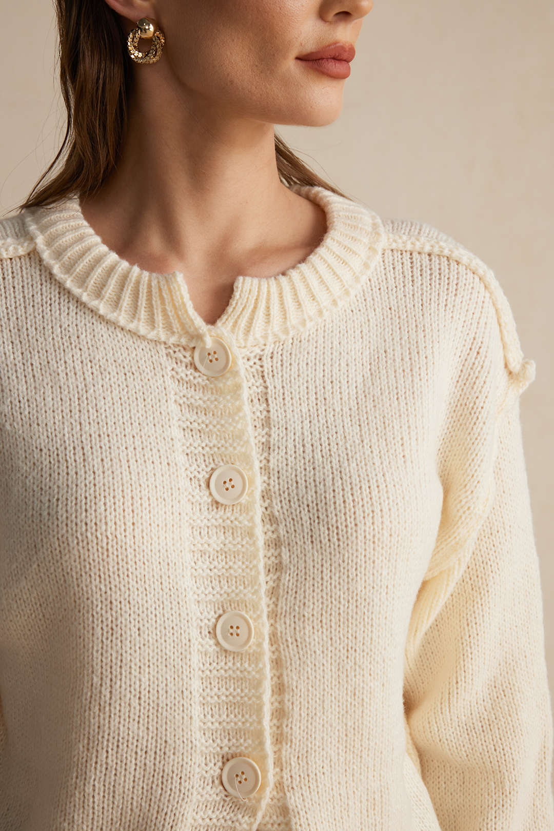 Knit Button Round Neck Long Sleeve Cardigan