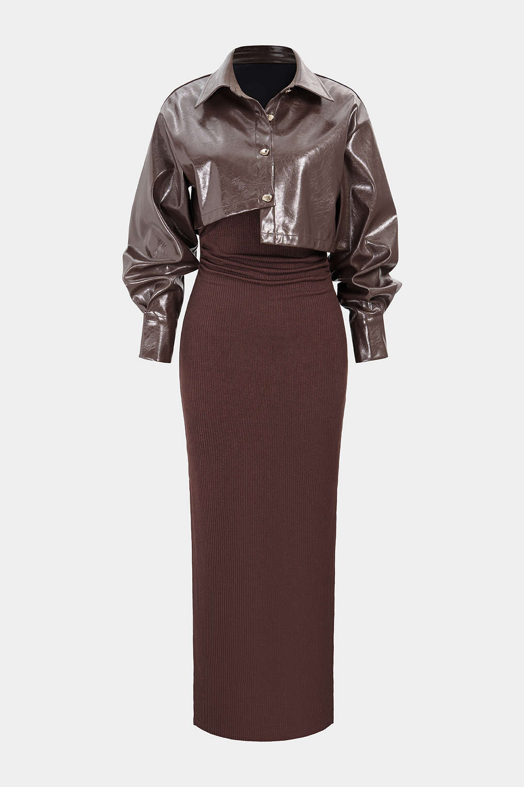 Faux Leather Button Asymmetrical Cropped Jacket And Sleeveless Ruched Dress Set