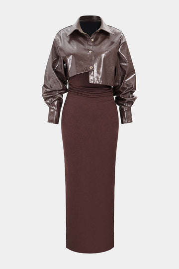 Faux Leather Button Asymmetrical Cropped Jacket And Sleeveless Ruched Dress Set