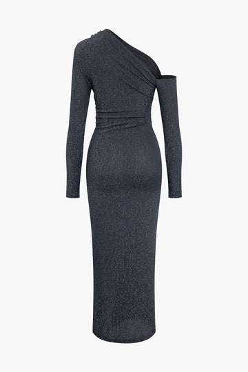 Glitter Asymmetrical Long Sleeve Fitted Maxi Dress