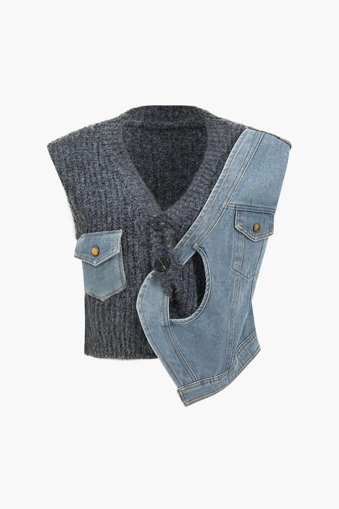 Giubbotto per maglione asimmetrico patchwork in denim