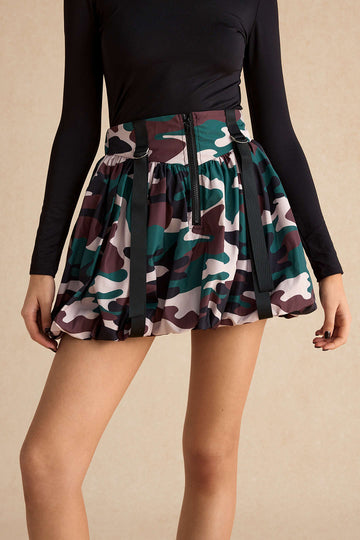 Camo Print Zipper Puff Skirt