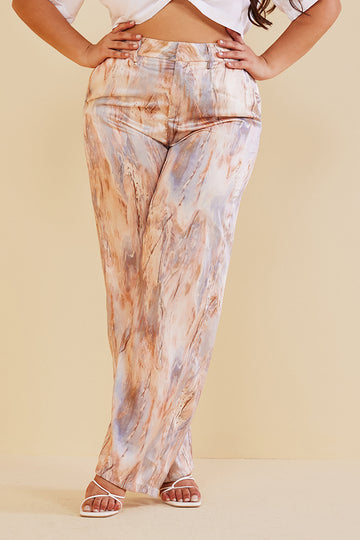 Plus Size Marble Print High Waisted Full-length Straight Leg Pants