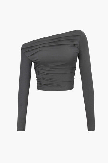 Asymmetric Shoulder Ruched Long Sleeve Top