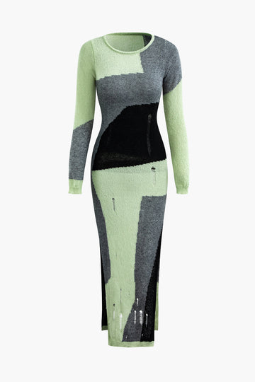 Colorblock Knit Destroyed Slit Midi Dress