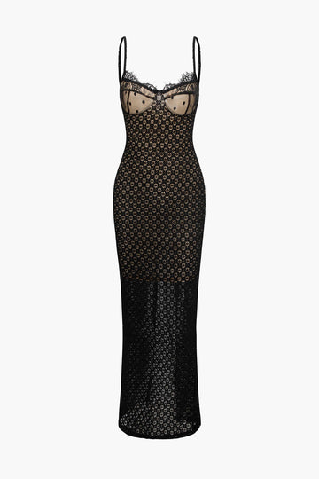 Black Dot & Lace Textured Slit Maxi Dress