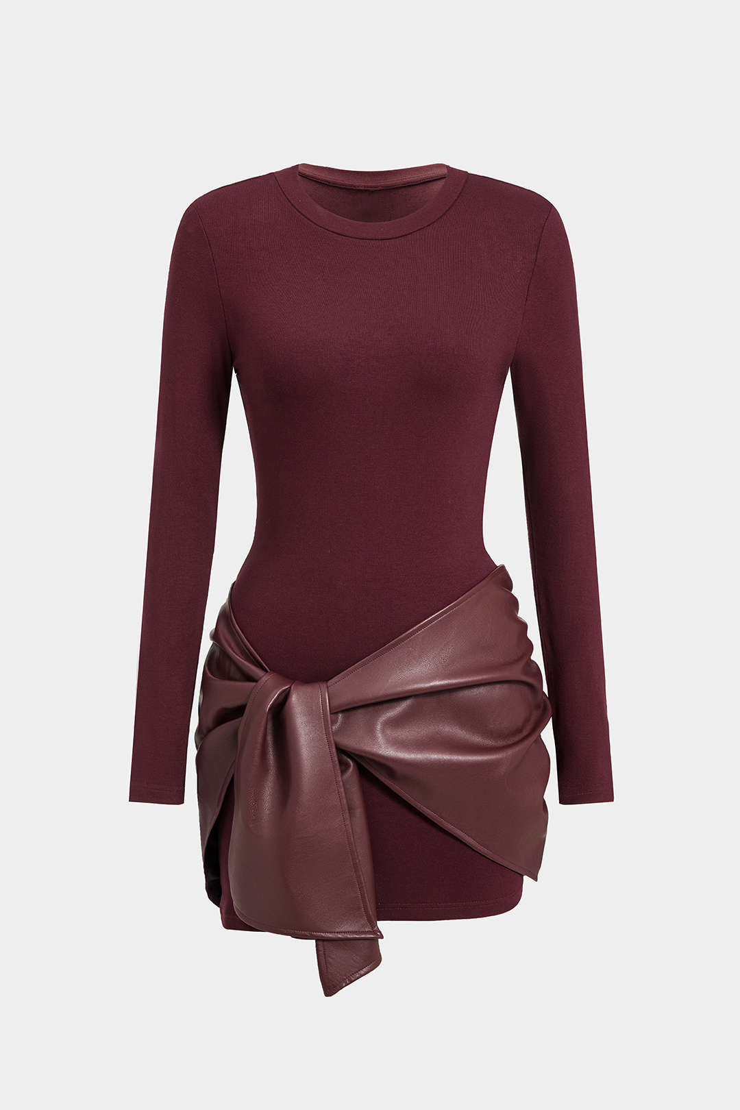 Faux Leather Patchwork Tie Front Round Neck Ruched Mini Dress Micas Faux Leather Patchwork Tie Front Round Neck Ruched Mini Dress Micas