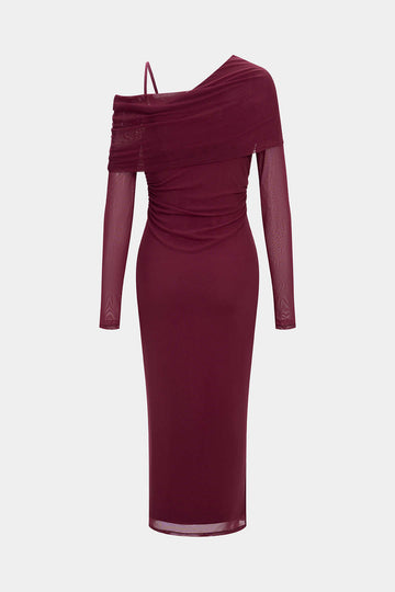 Mesh Asymmetrical Neck Slip Long Sleeve Maxi Dress