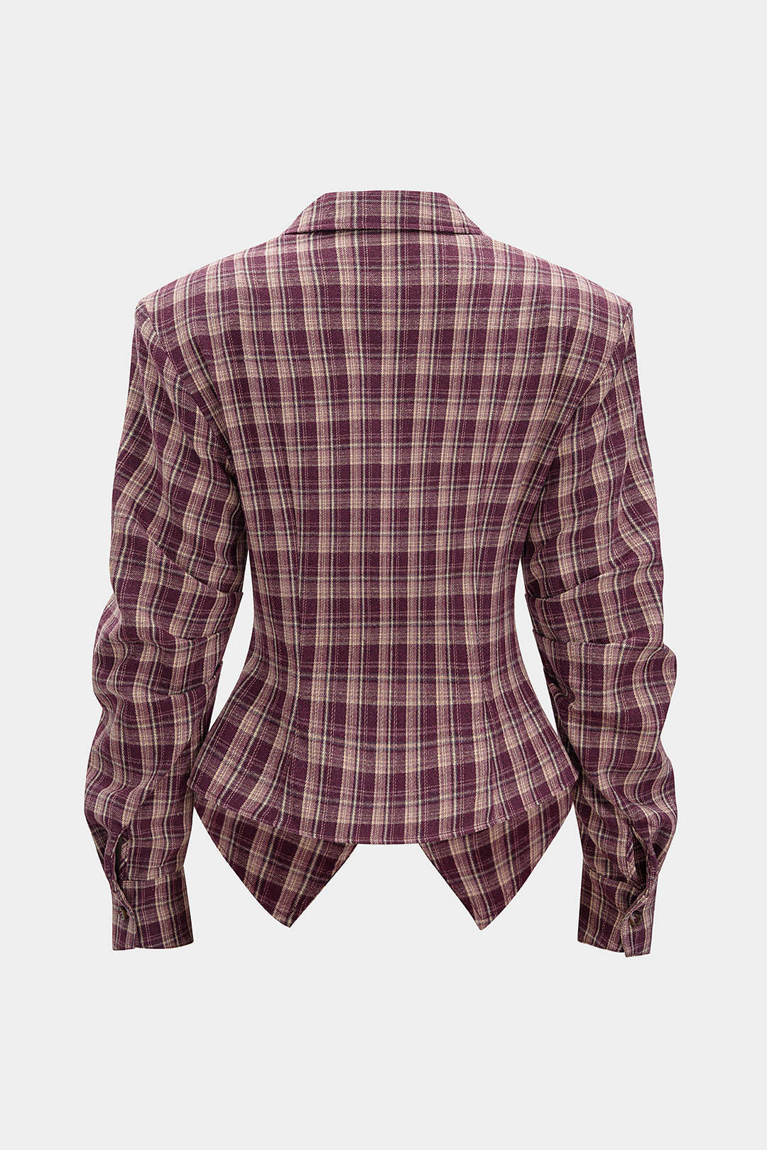 Plaid Print Ruched Waist-Cinching Long-Sleeve Shirt