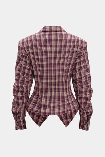 Plaid Print Ruched Waist-Cinching Long-Sleeve Shirt