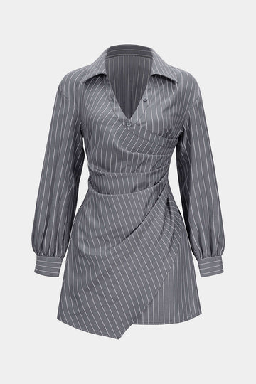 Stripes Print Button Ruched Smocked Long Sleeve Mini Dress
