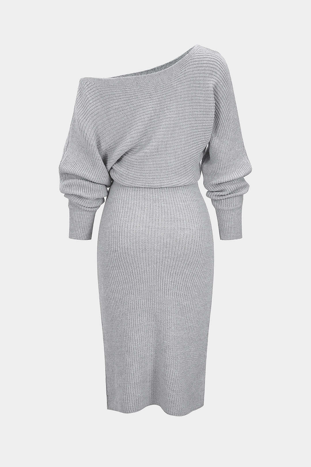 Knit Off-Shoulder Ribbed Side Slit Long Sleeve Dress