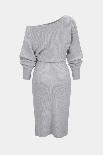Knit Off-Shoulder Ribbed Side Slit Long Sleeve Dress