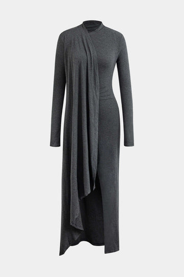 Mock Neck Wrap Ruched Long Sleeve Slit Maxi Kleid