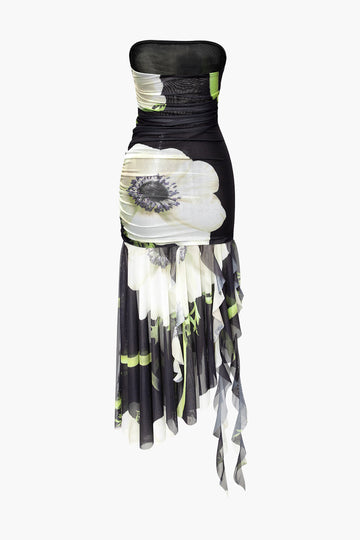 Floral Print Mesh Asymmetric Ruffle Hem Midi Dress