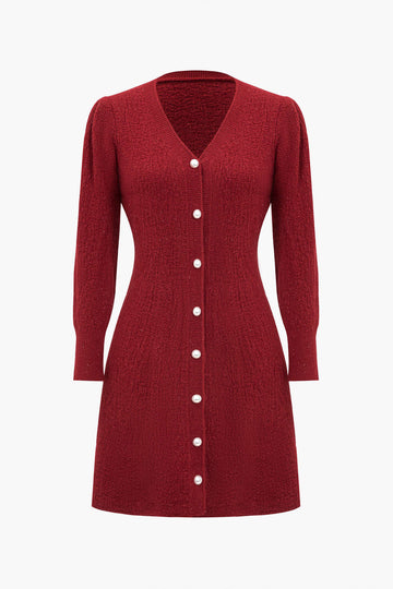 Sweater Long Sleeve Button V-Neck Dress