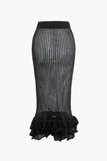 Adjustable Strap Open Knit Cami Top And Ruffle Hem Midi Skirt Set