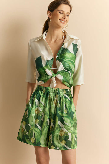 Leaves Print Satin Shirred Shorts