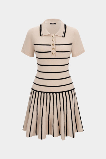 Knit Contrast Striped Button Short Sleeve Mini Dress – Micas