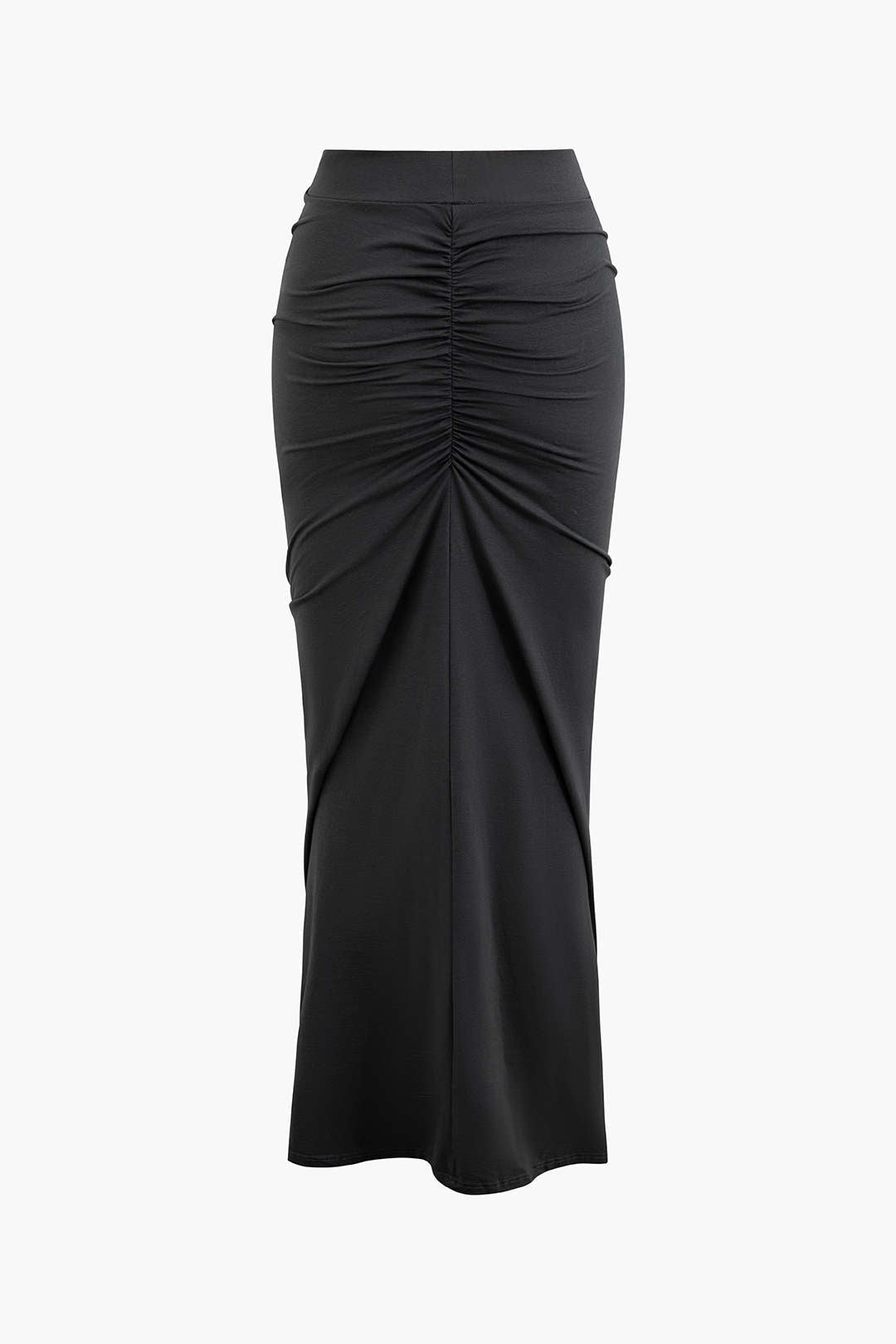 Solid High Waisted Back Ruched Maxi Skirt