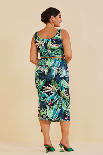 Plus Size Tropical Print Crop Top and Skirt Set