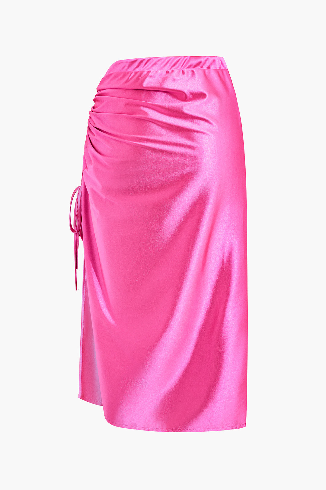 Satin Asymmetrical Ruched Split Midi Skirt